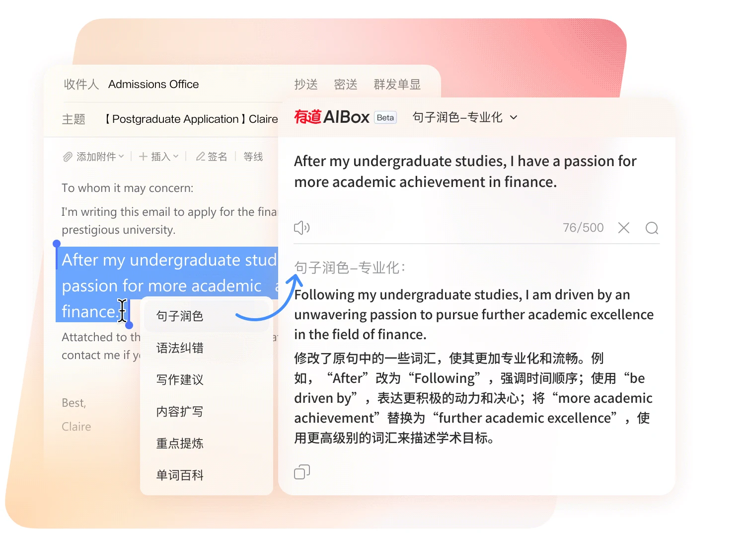 有道翻译桌面端功能界面,展示职场写作翻译功能导航